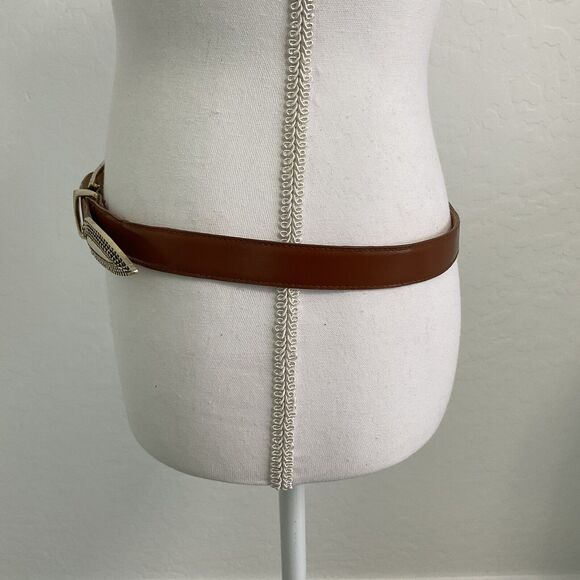 Vtg Motion East Leather Belt  Brass Buckle Ornate Buckle Brown Pattern L USA - Picture 4 of 8